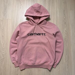 Carhartt WIP Embroidered Text Long Sleeve Hoody Mens XS Pink Black Heavyweight